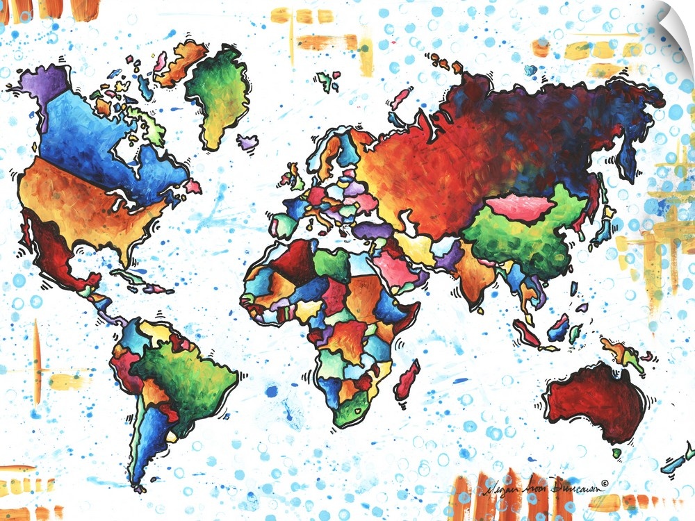 Contemporary painting of a colorful world map against a white background.