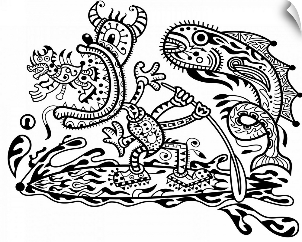 Contemporary artwork of an intricately designed monster with horns paddle boarding, with a giant fish leaping out of the w...