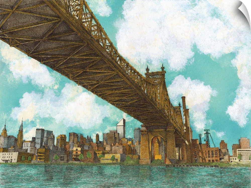 Contemporary illustration of the 59th street bridge spanning the east river in New York city.