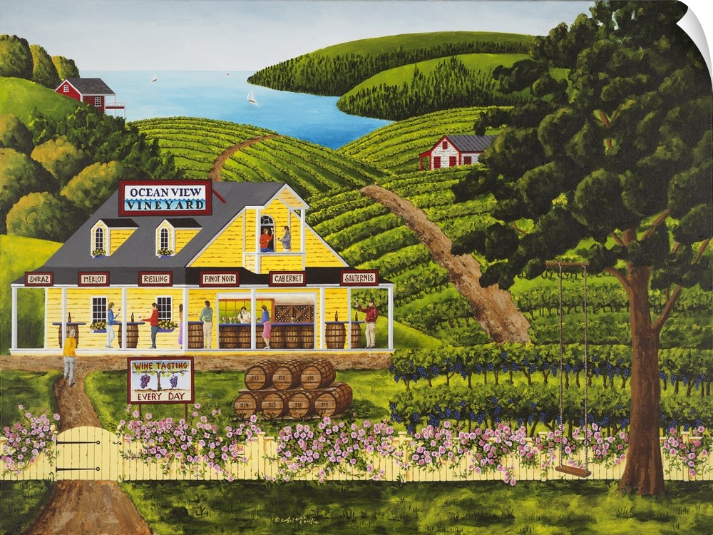 Americana scene of a small vineyard near the sea.
