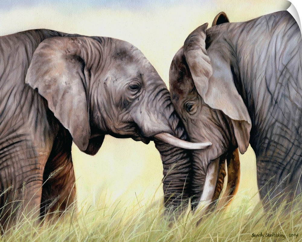 Oil on canvas oil painting of two African elephants.