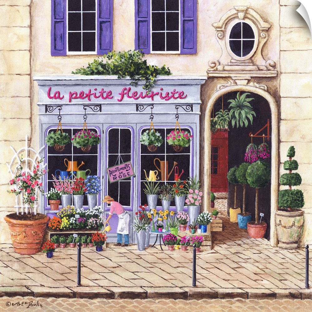 Painting of a Parisian flower shop storefront.
