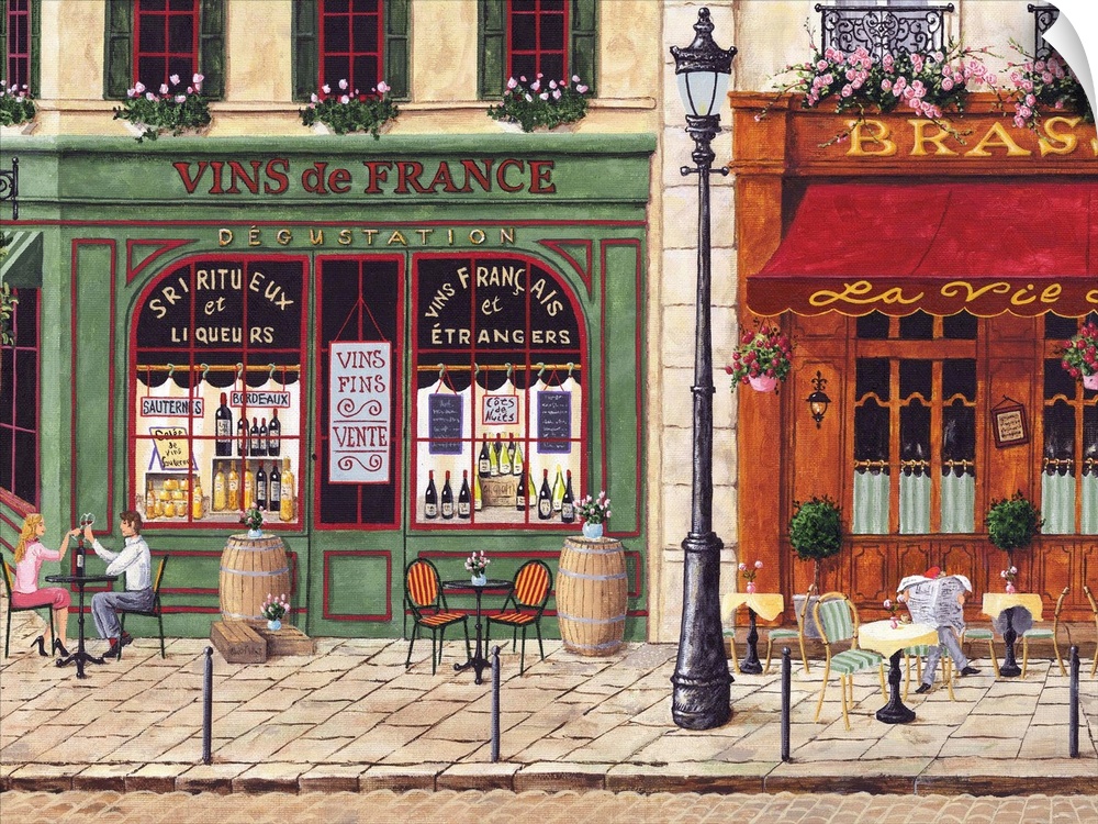 Painting of a wine store and cafe in Paris.