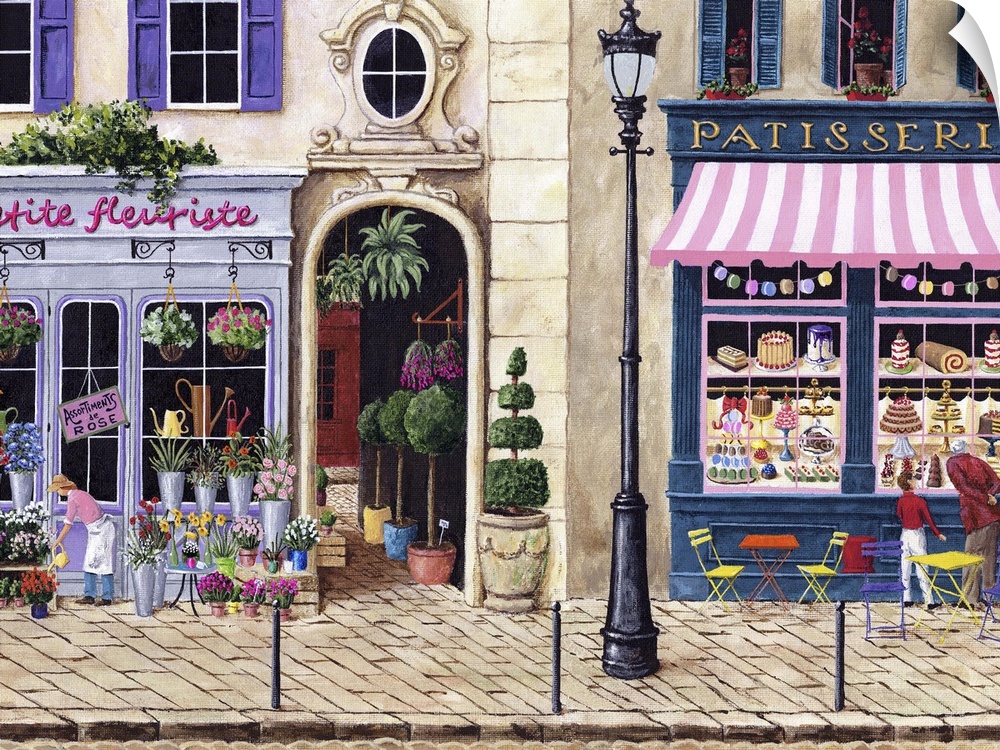 Painting of a florist and bakery in Paris.