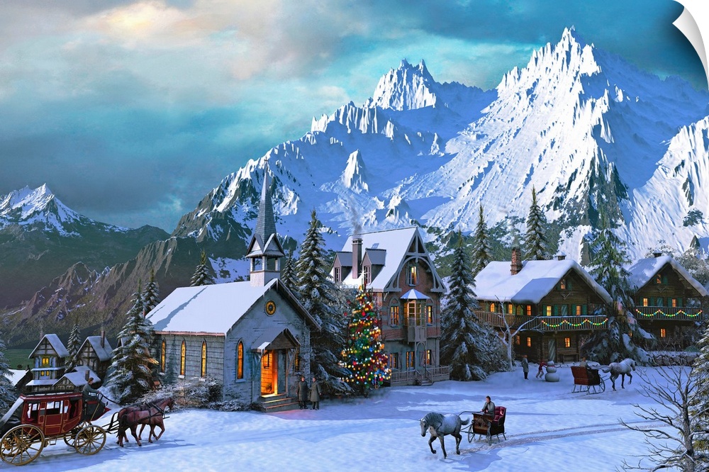 A rustic village in the mountains covered with snow, all the homes have been decorated, and horse drawn carriages going up...
