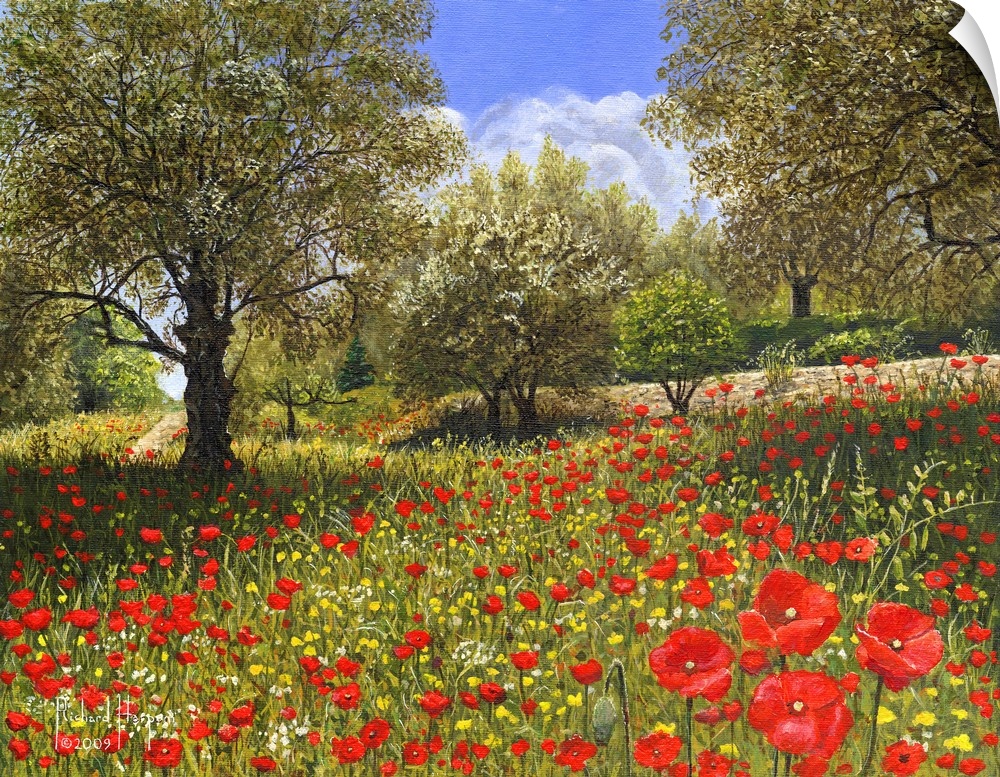 Contemporary painting of a grove of olive trees among patches of red flowers.