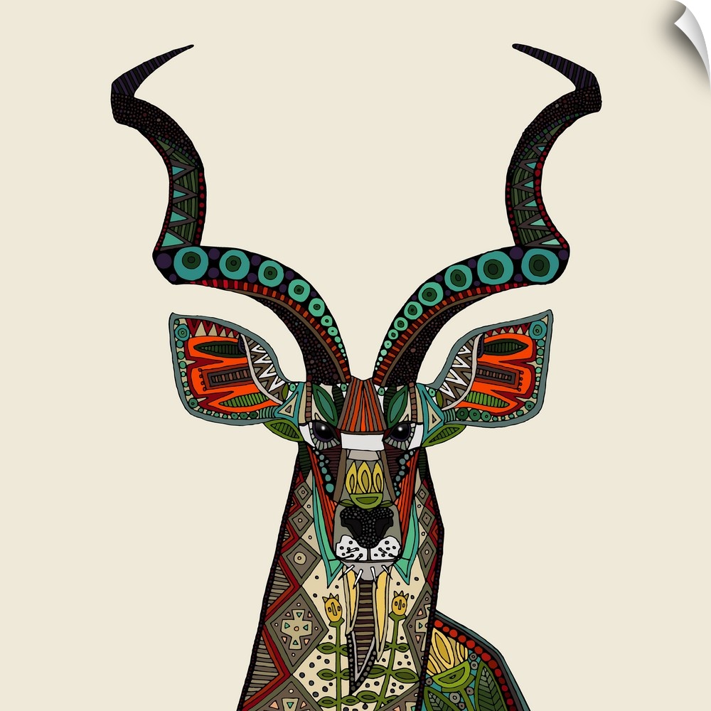 Illustration of an antelope with twisting horns, embellished with patterns.