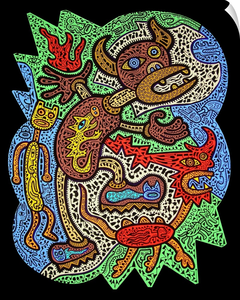 Contemporary artwork with tons of detail and color, with aboriginal  inspired undertones in an urban art style.