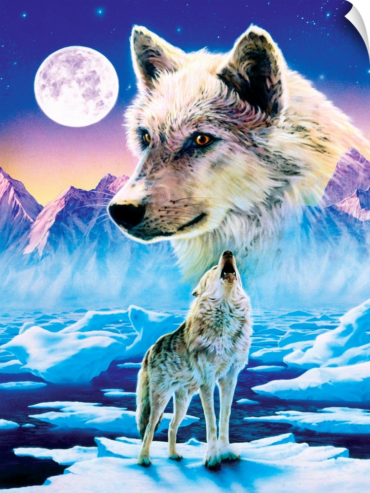 This decorative wall art is a painting of a wolf howling at the moon while standing on an ice flow. Above a portrait of th...