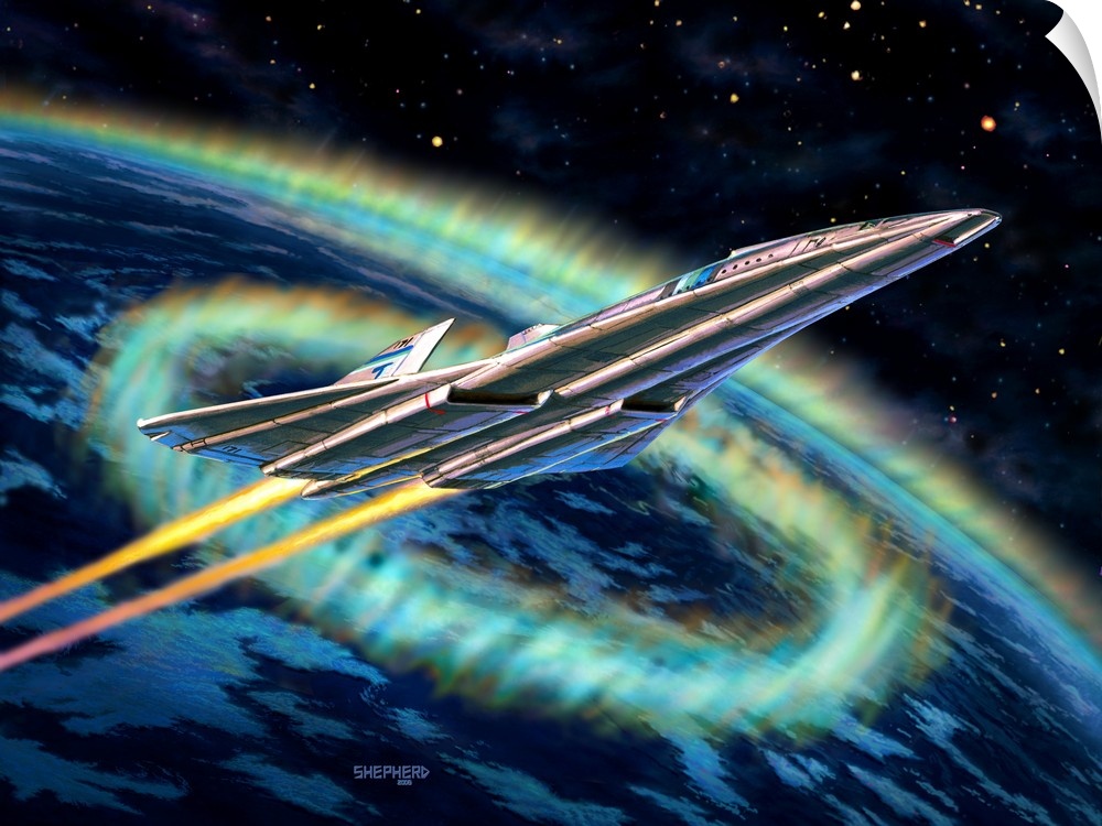 An civilian Orbital shuttle breaks free from the Earth's atmosphere with an aurora glowing behind.