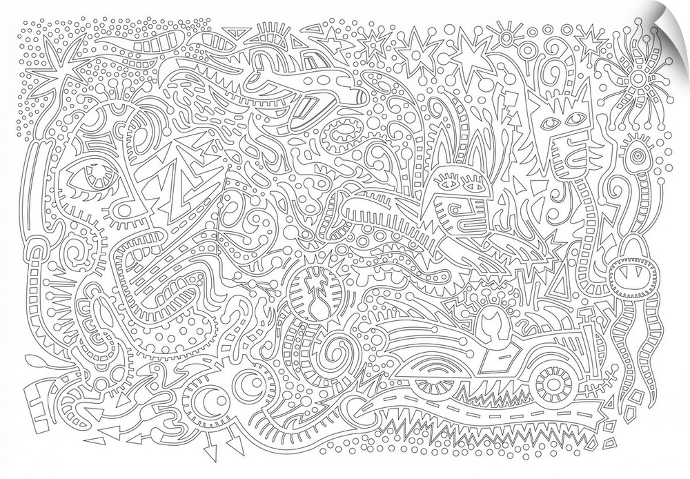 Black and white line art of an abstract mural.