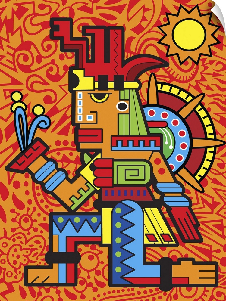 Colorful urban art inspired Aztec design of a figure in elaborate patterns and colors. Against an intricately decorated ba...
