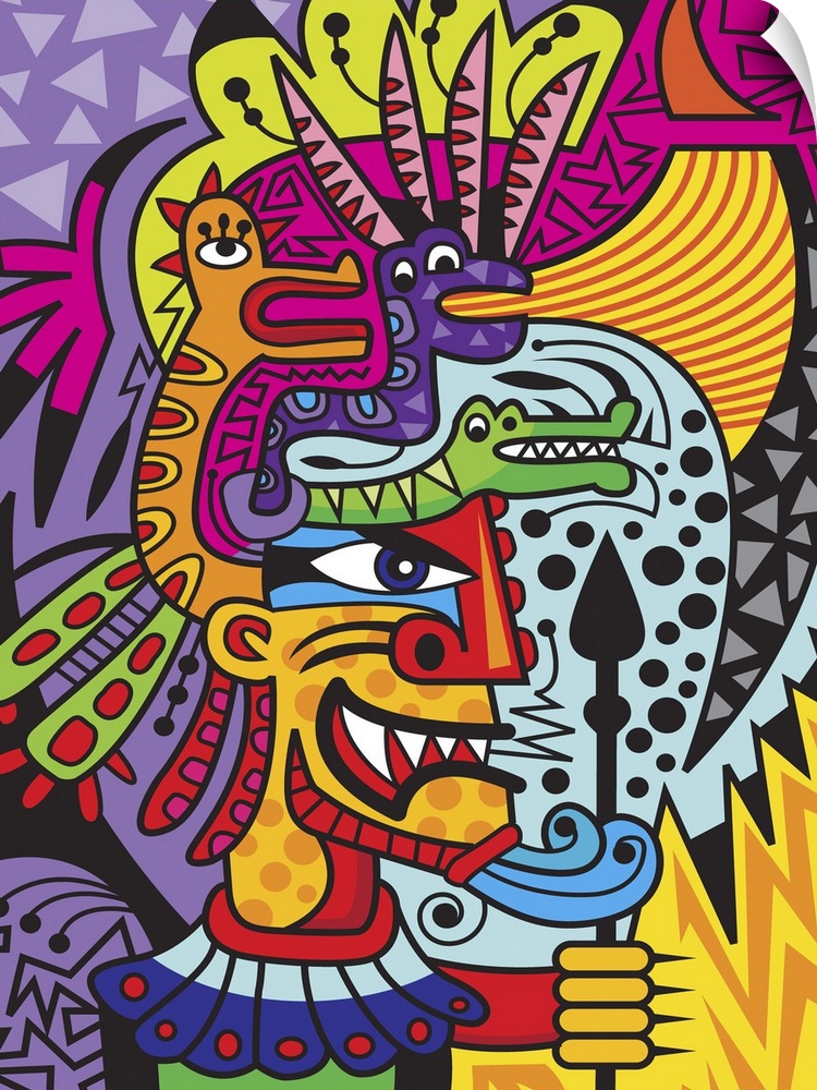 Colorful urban art inspired Aztec warrior figure surrounded by vivid colors and patterns.