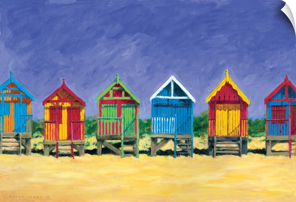 Contemporary painting of colorful beach huts on a sandy golden beach.