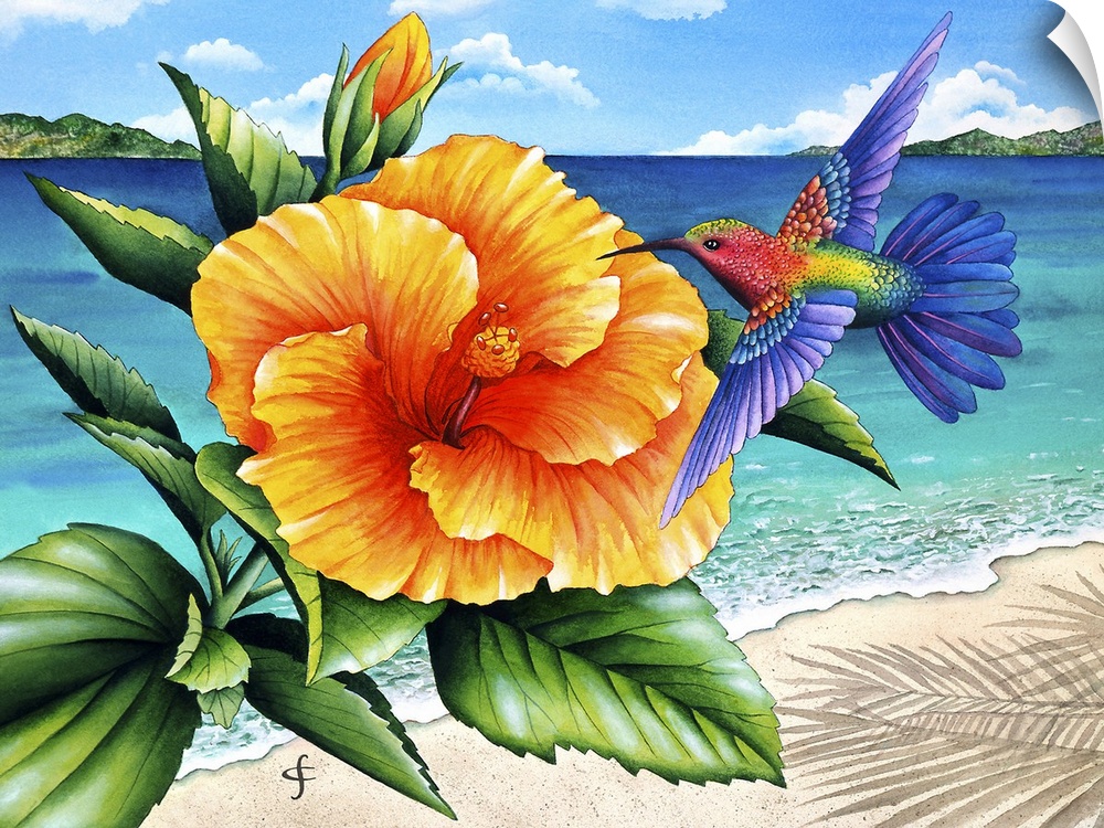 Artwork of colorful and vibrant yellow tropical flower, with a hummingbird hovering beside it.