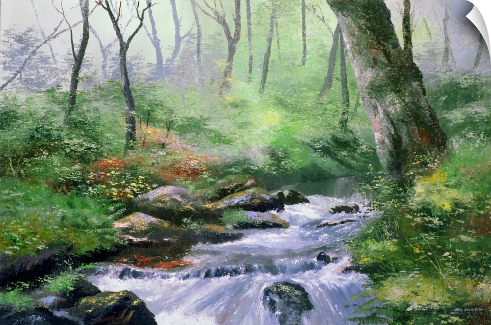 Contemporary painting of a stream moving through a forest.
