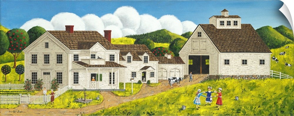 Americana scene of children playing outside of a large farmhouse and barn.