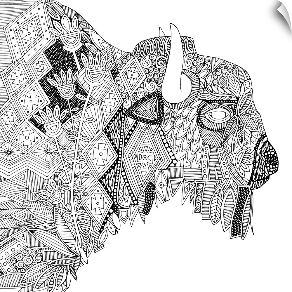 Illustration of a buffalo with geometric patterns.