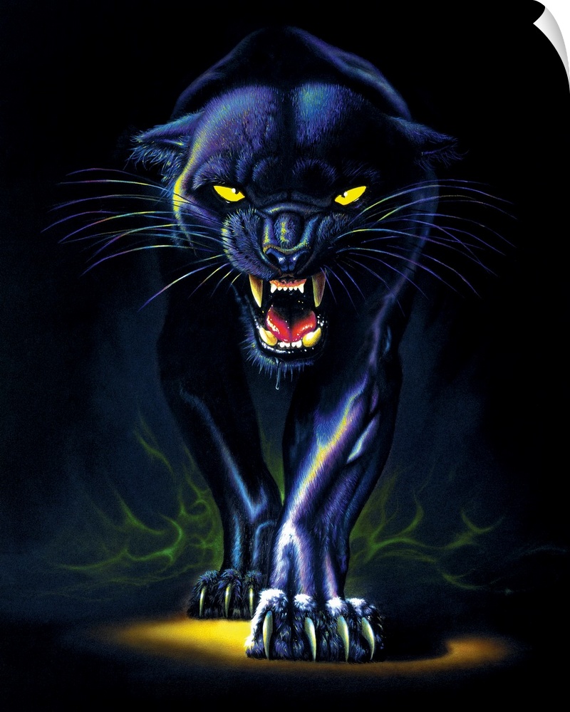 This fantasy style artwork shows a panther as it snarls and creeps toward the front of the painting.