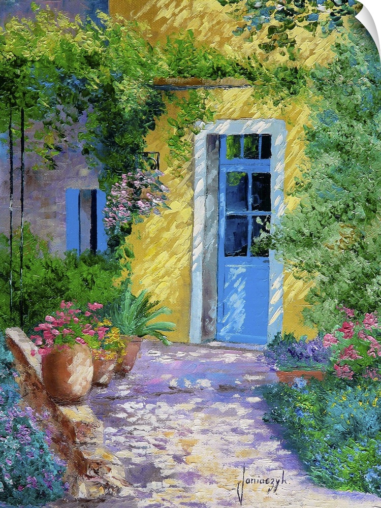 Contemporary painting of a blue door surrounded by blooming flowers and lush vines.