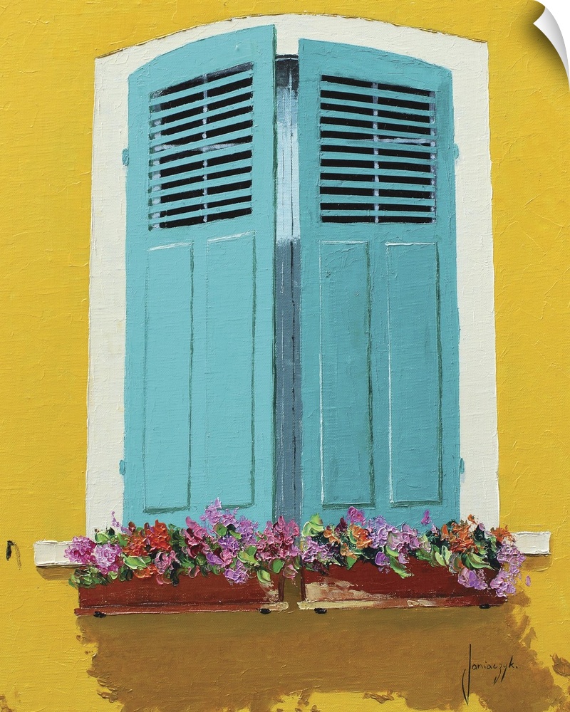 Contemporary painting of a bright yellow wall with blue shutters and flower boxes.