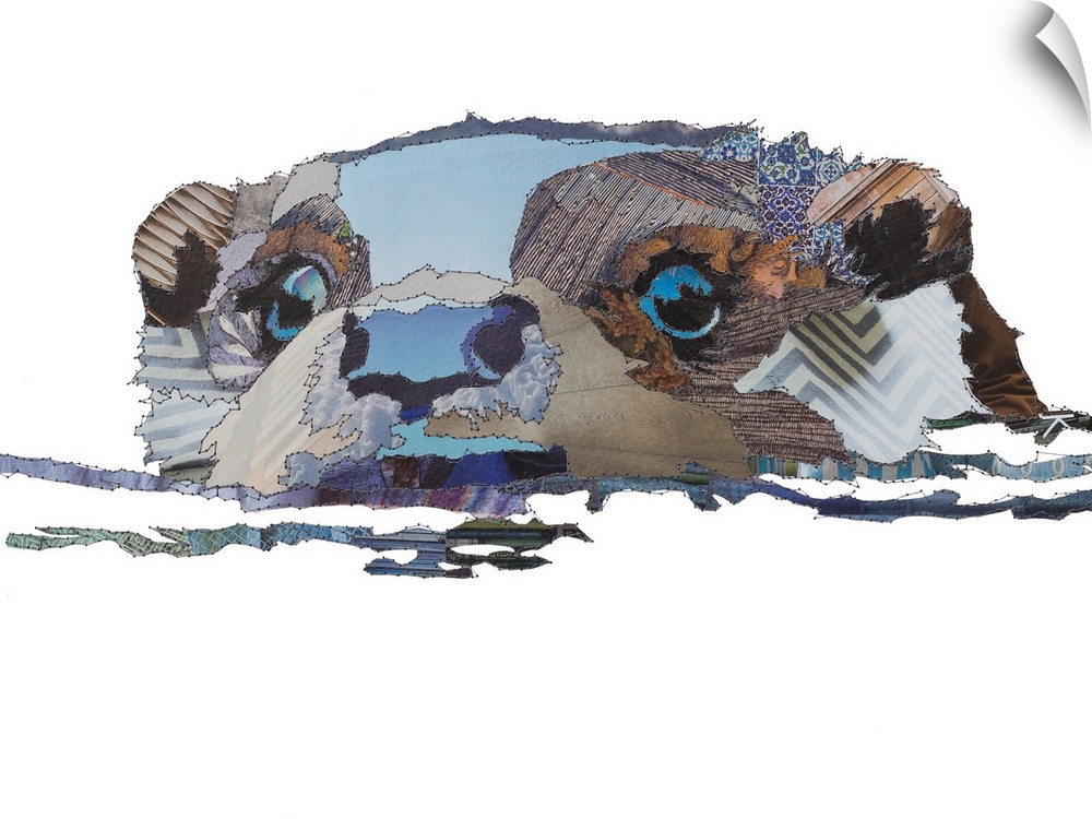 Horizontal artwork of an otter in water in a collage style outlined in stitches.