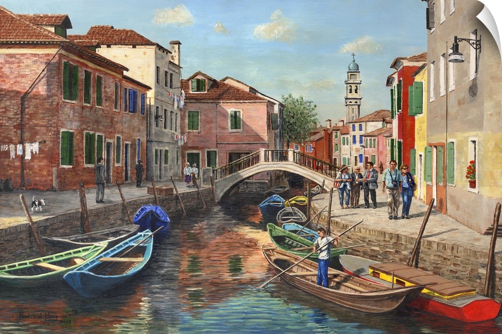 Contemporary paining of a canal running through the city of Venice.