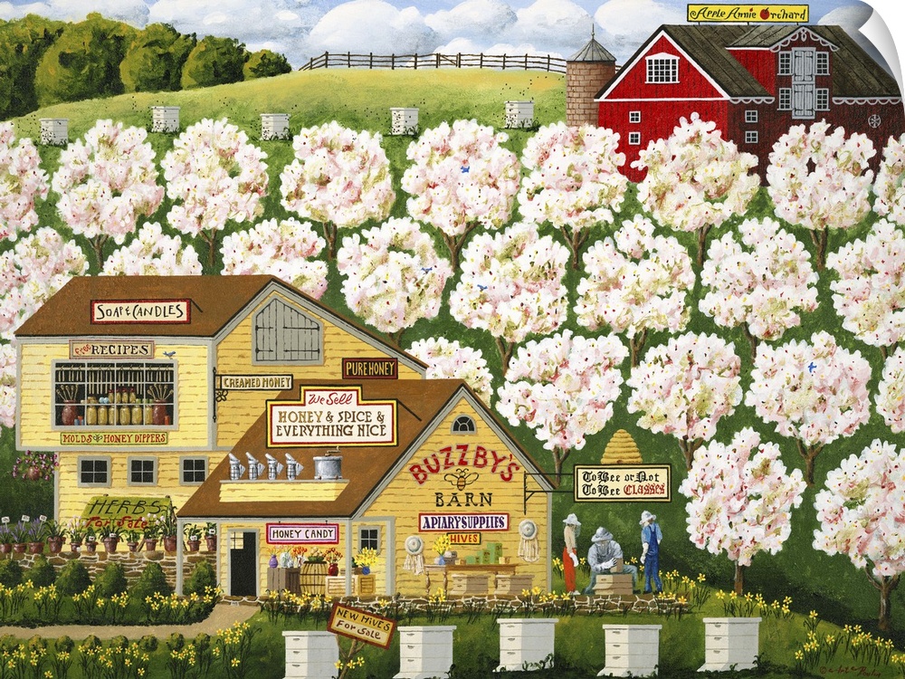 Americana scene of a beekeeper selling honey and beekeeping supplies next to a blooming orchard.
