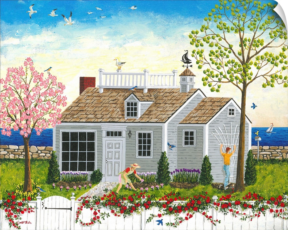 A small house near the water in New England in the springtime.