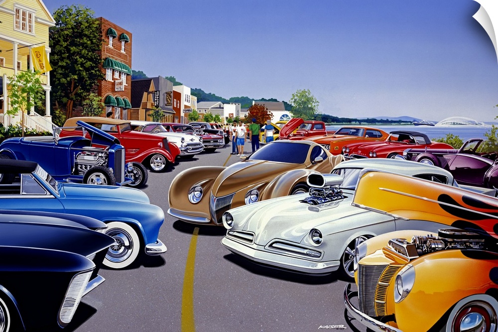 Colorful artwork of a group of classic automobiles and hot rods in a lakeside town, engines and paint jobs on display.
