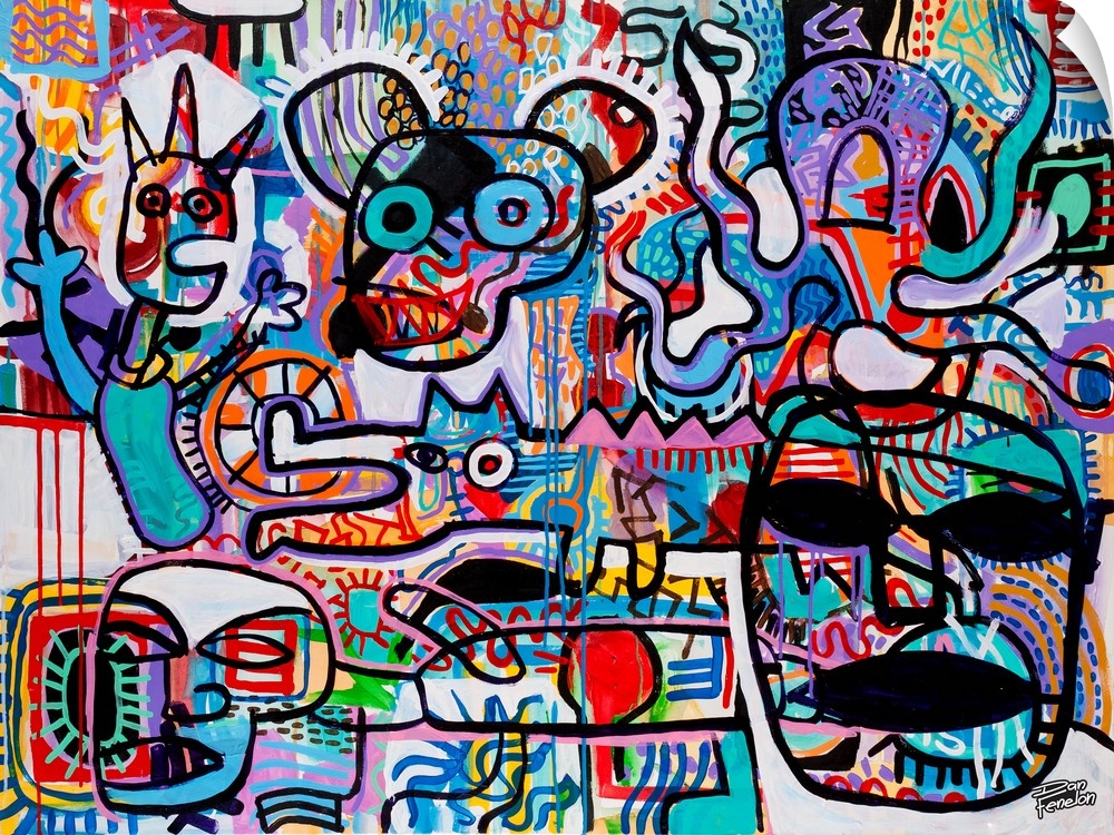 Contemporary abstract painting using mouse forms with human forms in an urban art style.