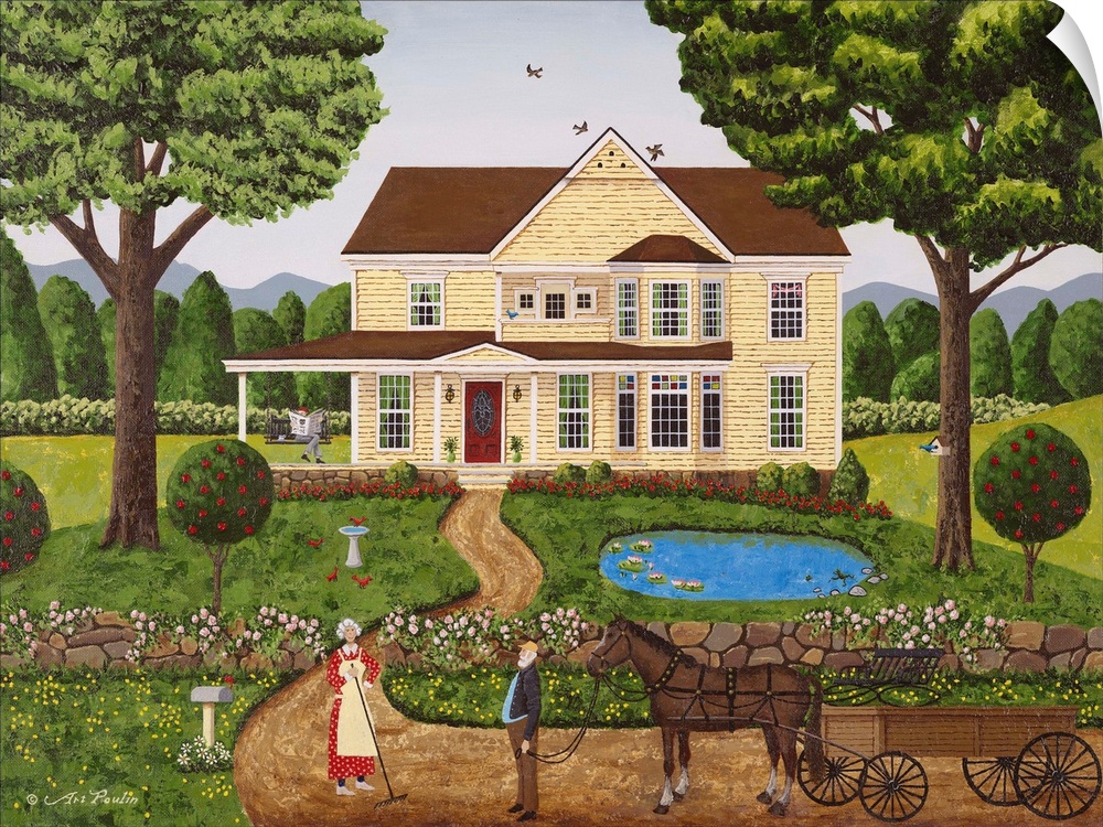 Americana scene of a woman greeting a man with a horse and cart in front of her house.