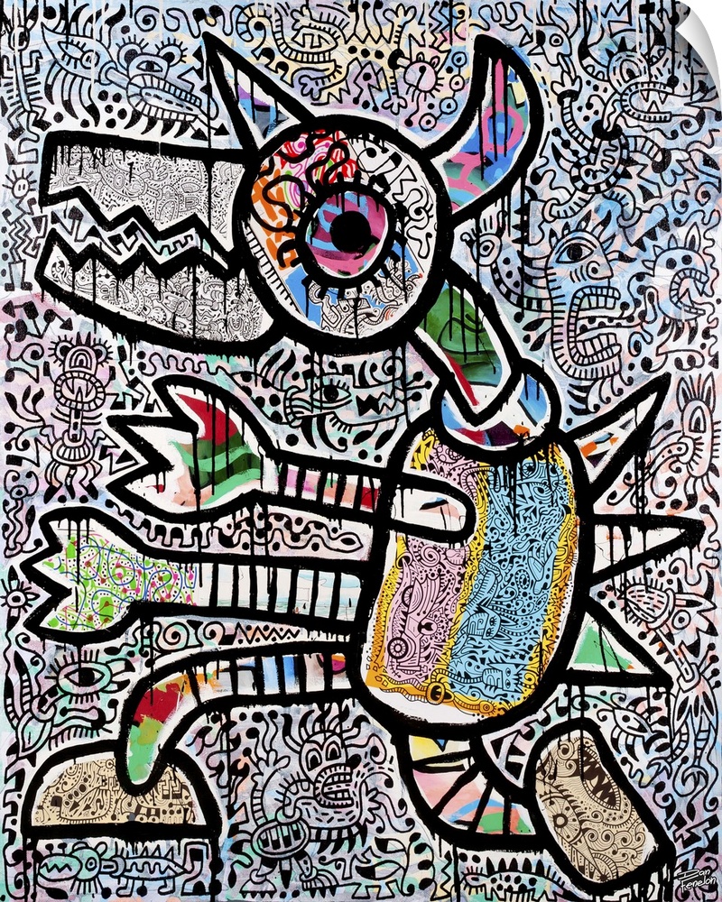 Contemporary abstract painting of a monster in bright colors and patterns, against a detailed abstract background.
