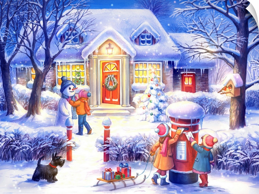 Artwork of kids playing in the snow in their front yard on a snowy night.  There is a sled with gifts, a dog, snowman, and...