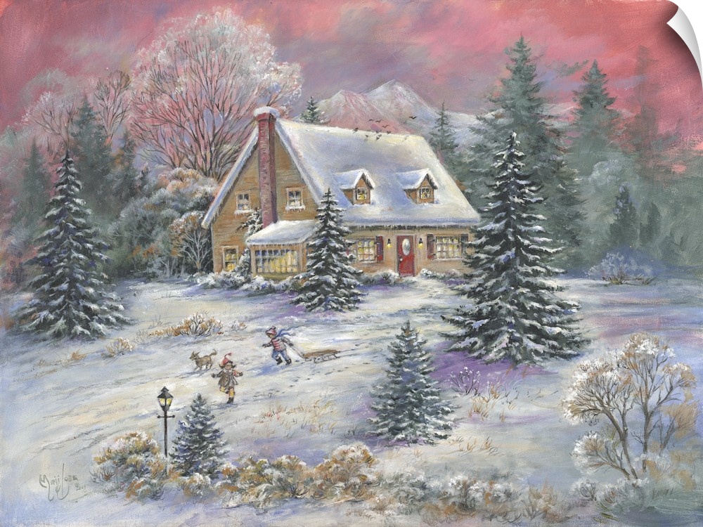 Painting of a countryside cabin in the midst of winter surrounded by snow and trees.