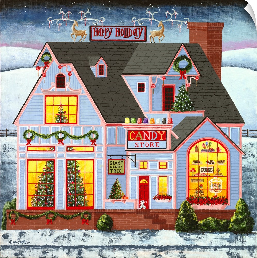 Americana scene of a pale blue candy store decorated for Christmas.