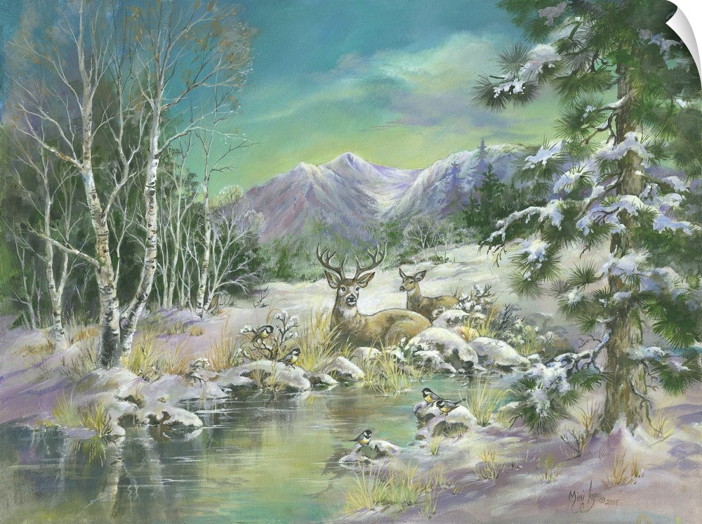 Contemporary painting of deer laying in a clearing in the woods.