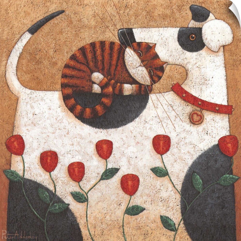 Contemporary painting of a dog with big black spots, with an orange striped cat sleeping on the dogs back.