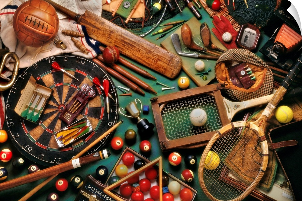 A still life photograph of antique sports equipment such as darts, billiards, tennis rackets, golf clubs, and a cricket ba...
