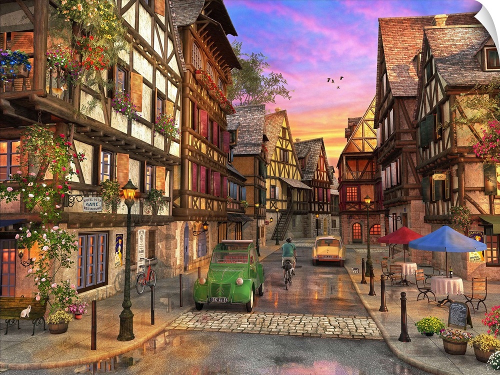 Illustration of the town of Colmar at sunset.