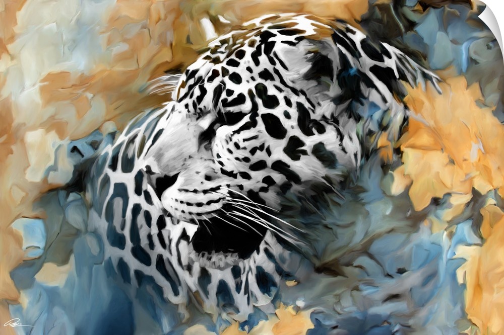 Contemporary animal art of a leopard surround by abstract forms in earthy tones.