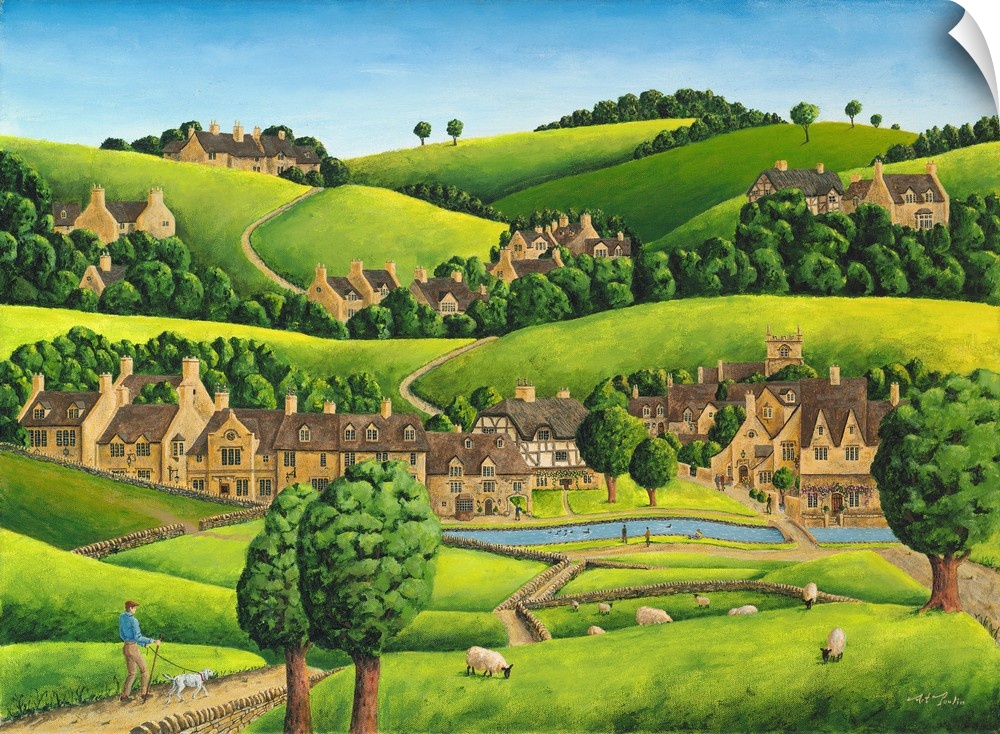 Artwork of a small village nestled in the hills of England.