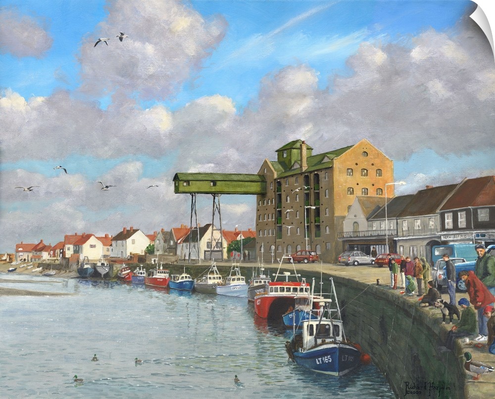 Contemporary painting of a harbor town, with boats lining the harbor walls.