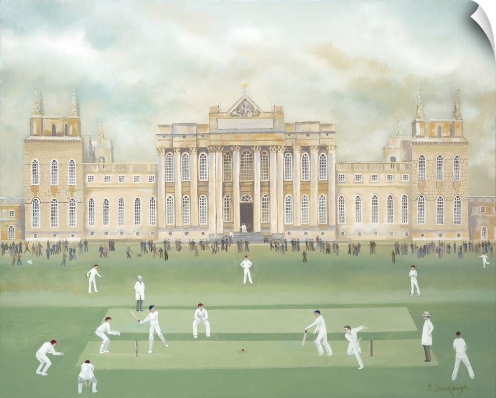 Contemporary painting of people playing cricket out front of Blenheim palace.