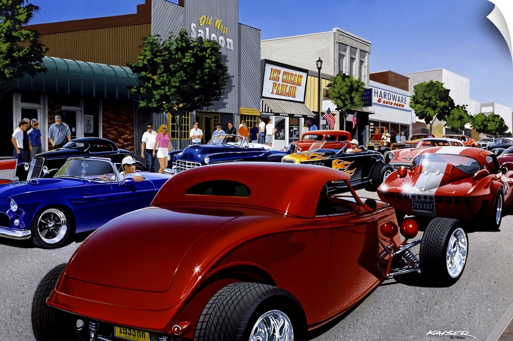 Large photo print of the up close of a large group of hot rod cars driving up and down a small town street.