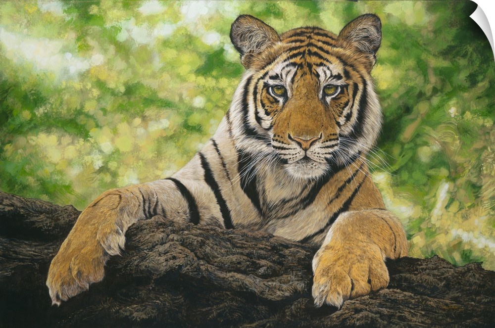 Contemporary painting of a young tiger cub leaning over a log.