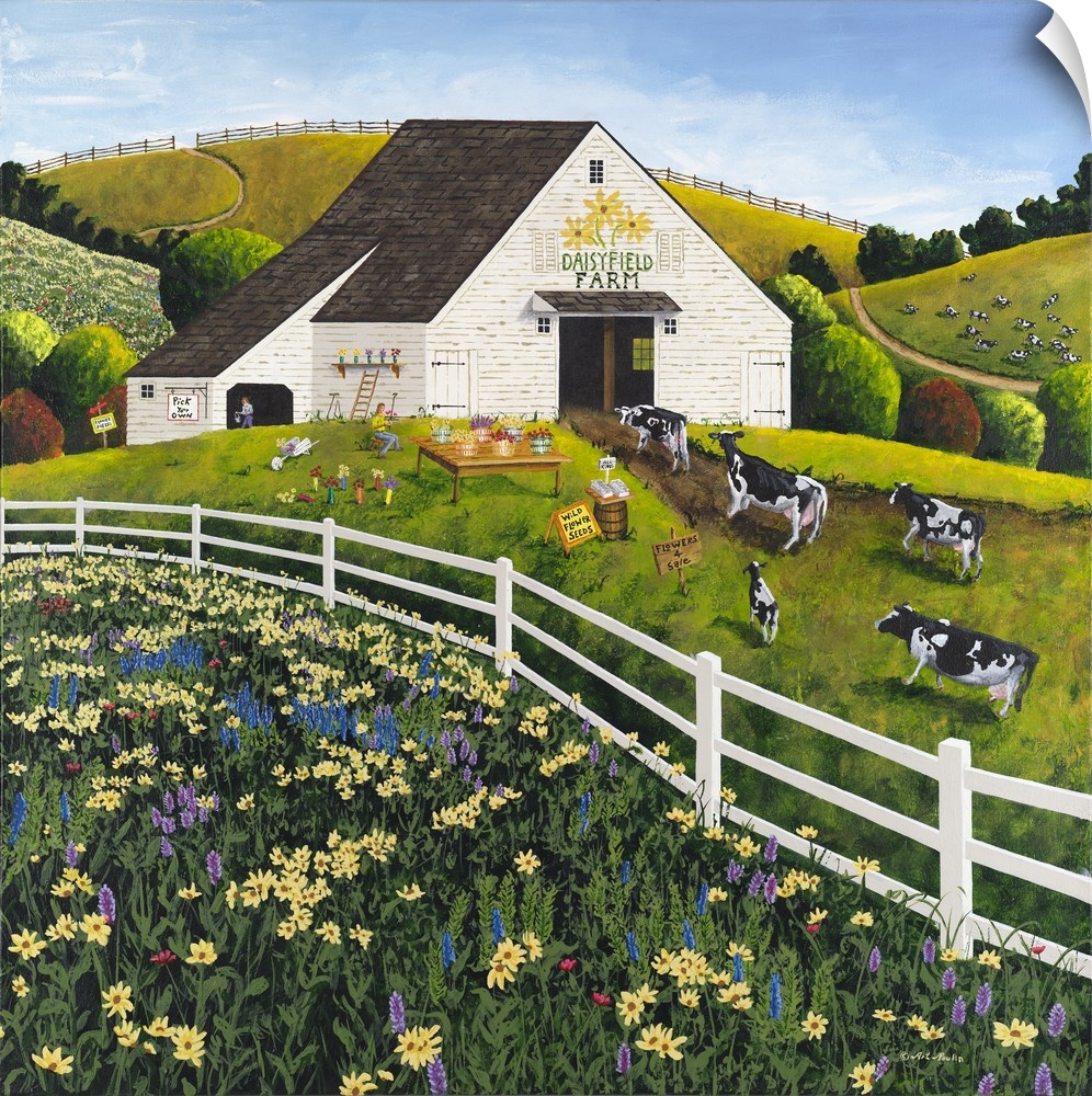 Americana scene of a dairy farm with cattle near a field of wildflowers.