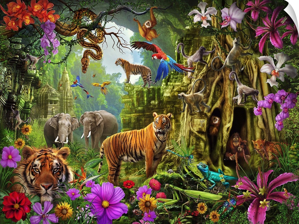 Busy illustration with all sorts of animals in the jungle amongst temple ruins and wildflowers.