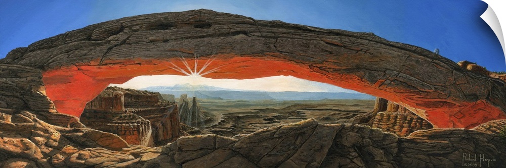 Contemporary painting of a massive natural rock arch in a desert overlooking a vast rocky landscape.
