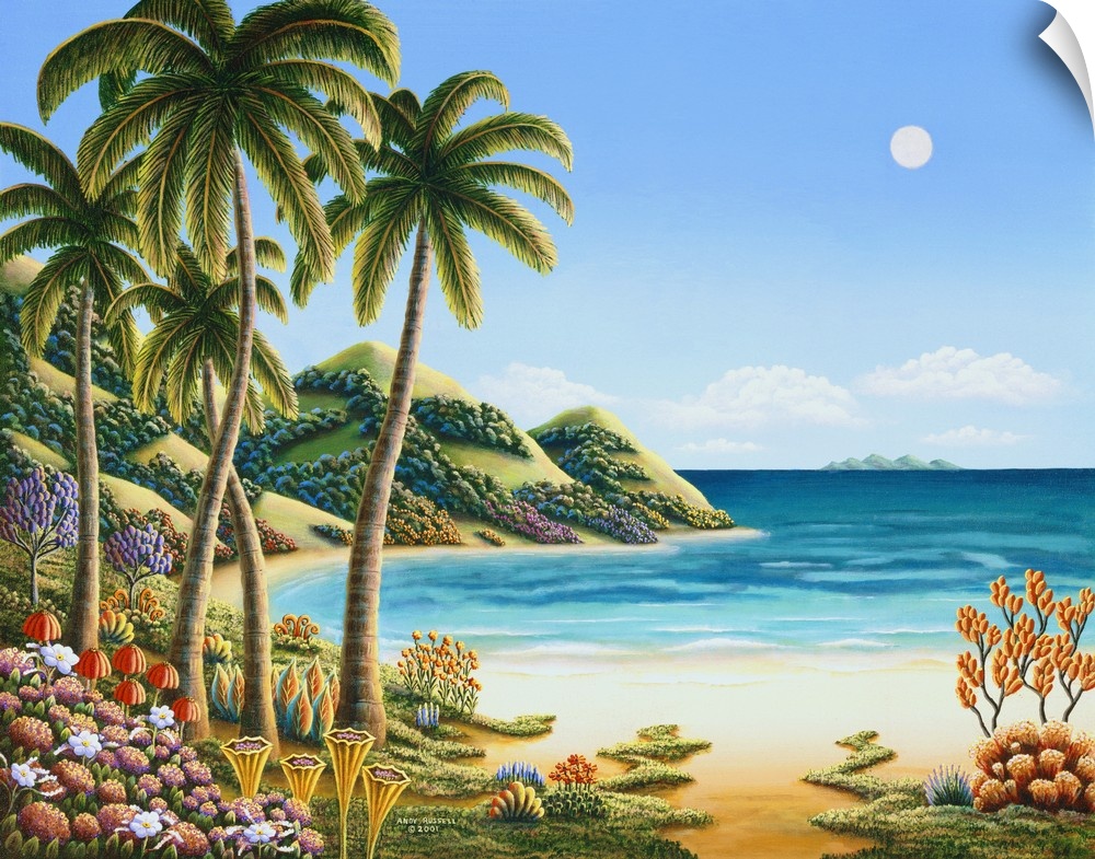 Painting of a tropical paradise with lush vibrant foliage all around.